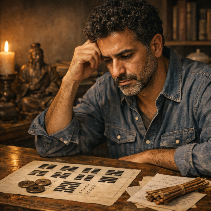 Man studying I Ching hexagrams for relationship conflict and repair