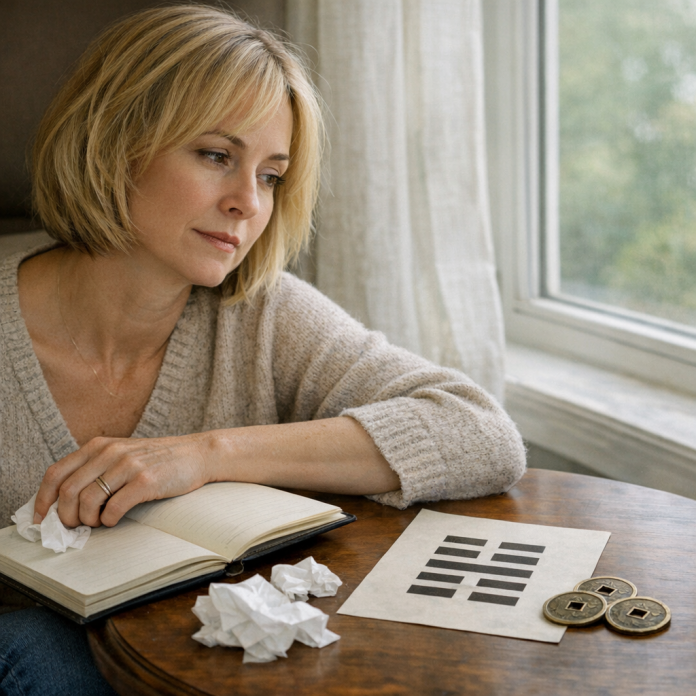 Woman using the I Ching for breakup reflection and closure