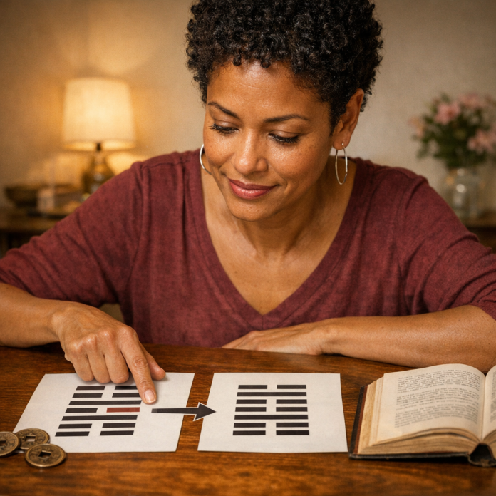 Woman studying I Ching changing lines for love and relationships