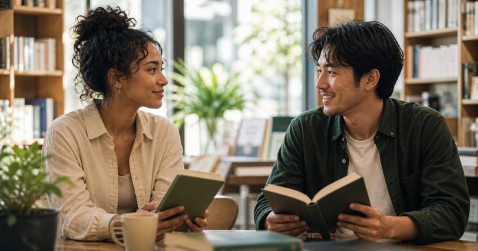 How to Manifest Your Ideal Crush Two adults sharing reciprocal interest during a conversation in a bookstore café