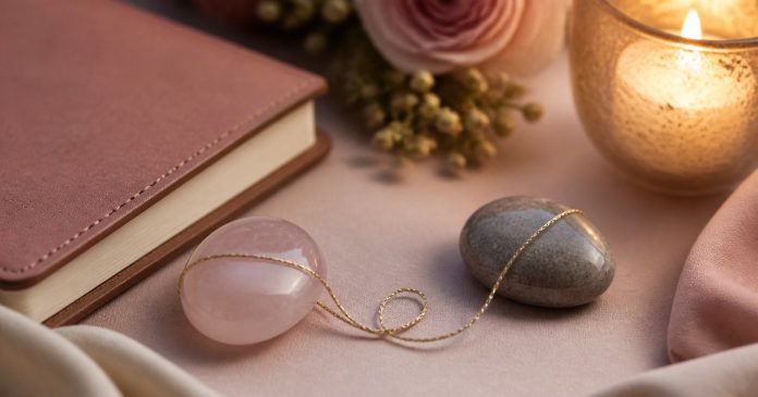 Two stones connected by a loose golden thread beside a journal