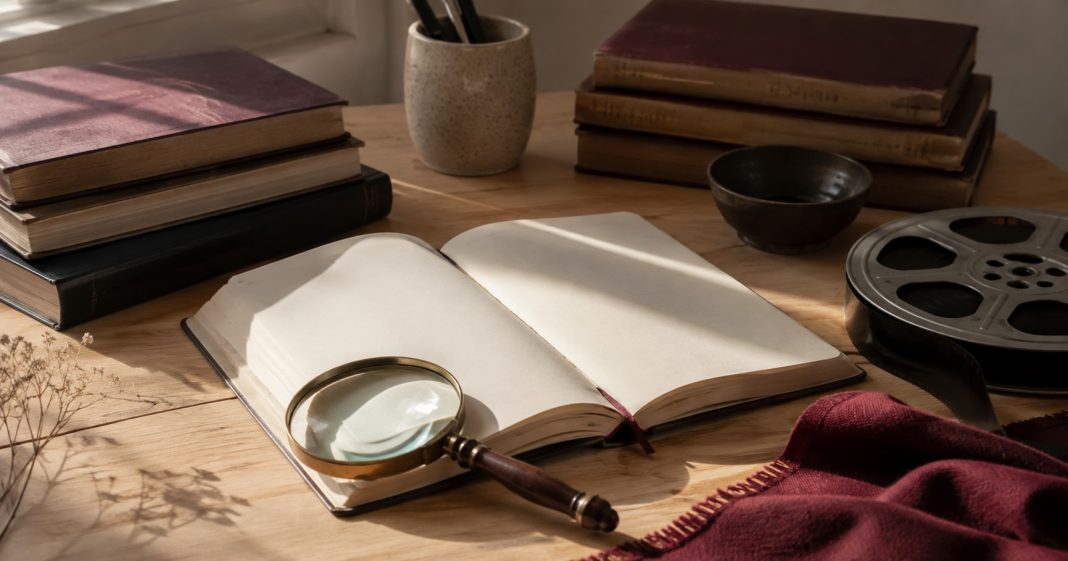 Notebook, magnifying glass and film reel representing source checking; an illustration, not a celebrity consultation.