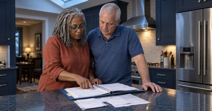 Older partners reviewing household paperwork at a kitchen island
