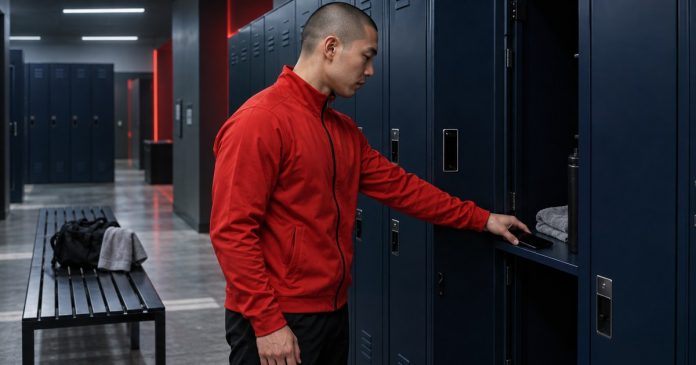 Man placing his phone in a gym locker before exercising