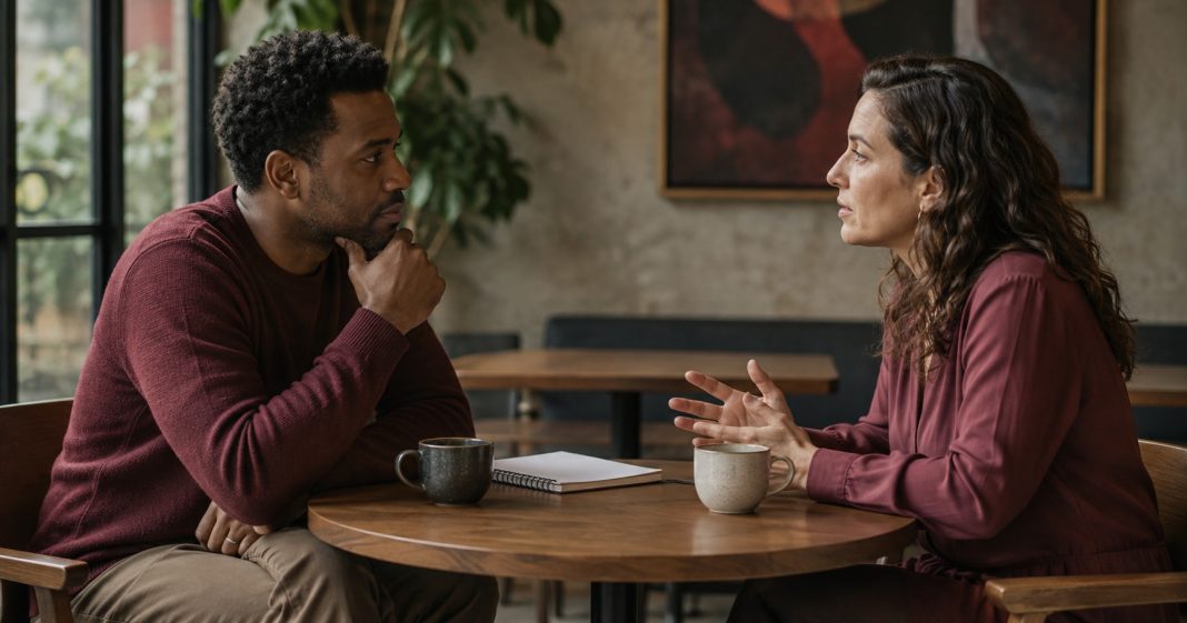 Two adults talking across a round café table, with mugs and a notebook between them.