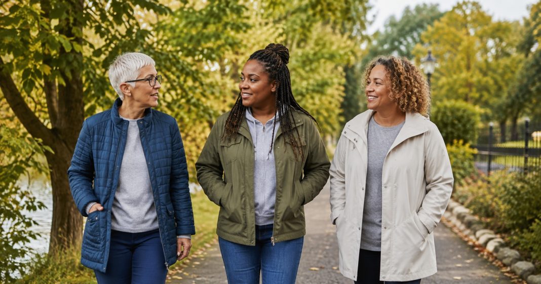 Three adult friends talking while walking together along a park path.