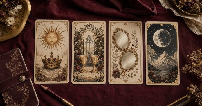 Four original tarot-inspired cards illustrating relationship reflection themes.